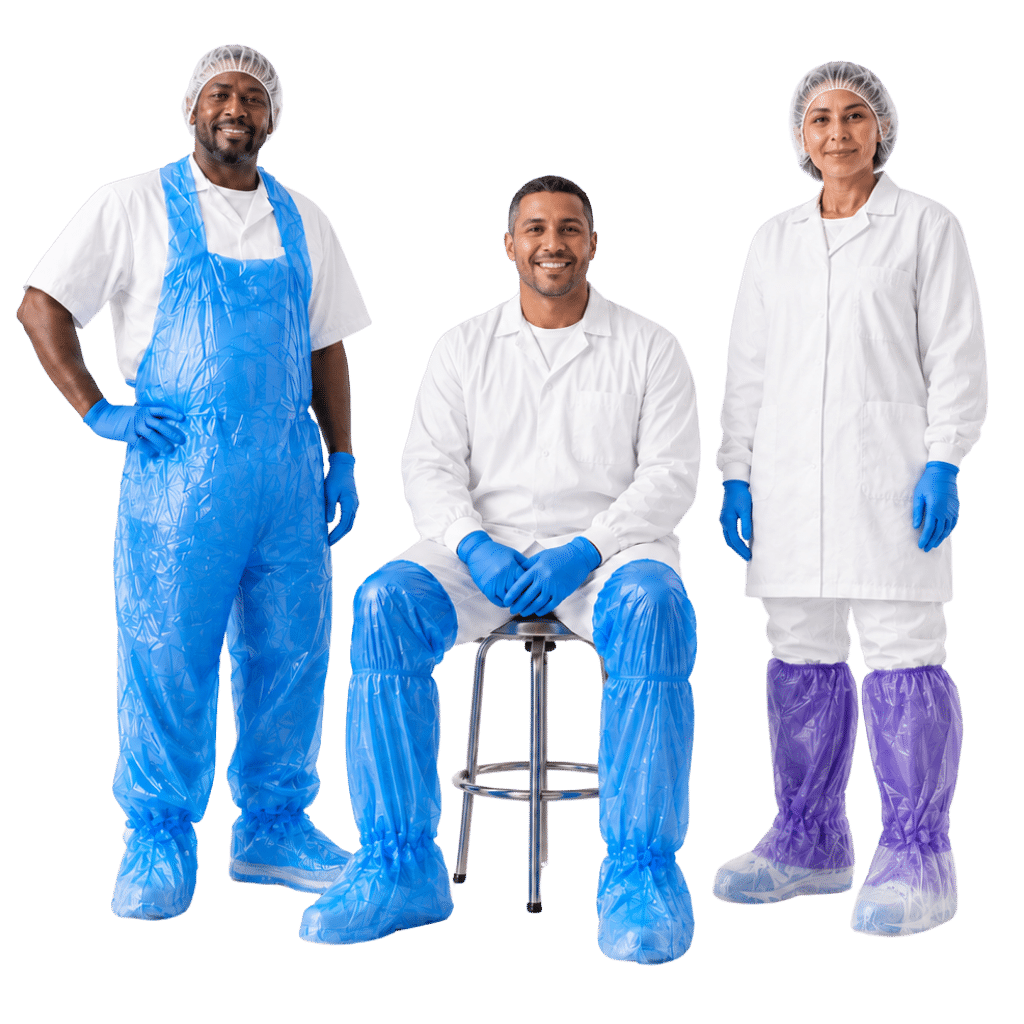 Food processing workers wearing disposable protective PPE clothing